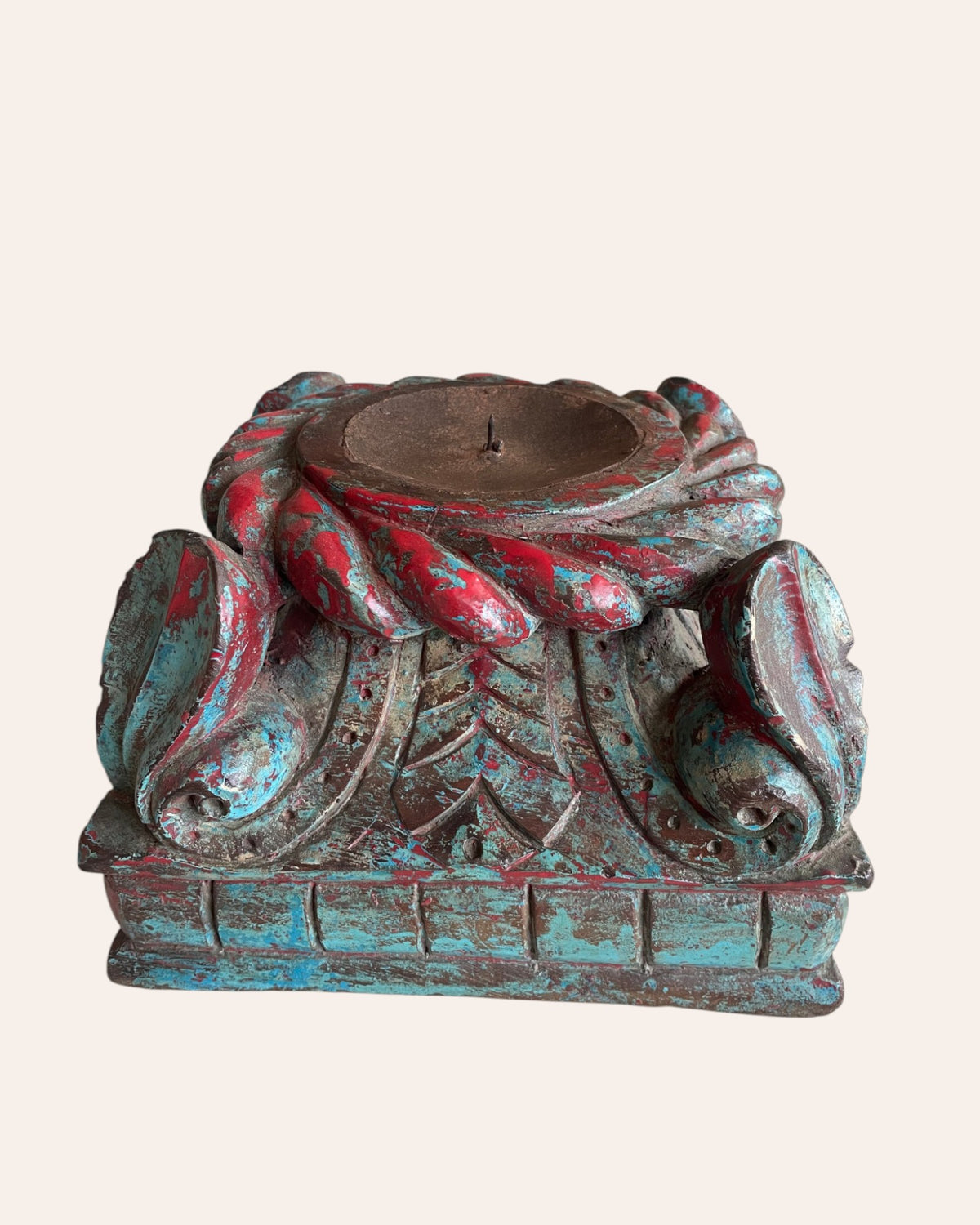 vintage distressed carved wooden pillar base candle holders - set of 2 / distressed turquoise blue & red patina finish