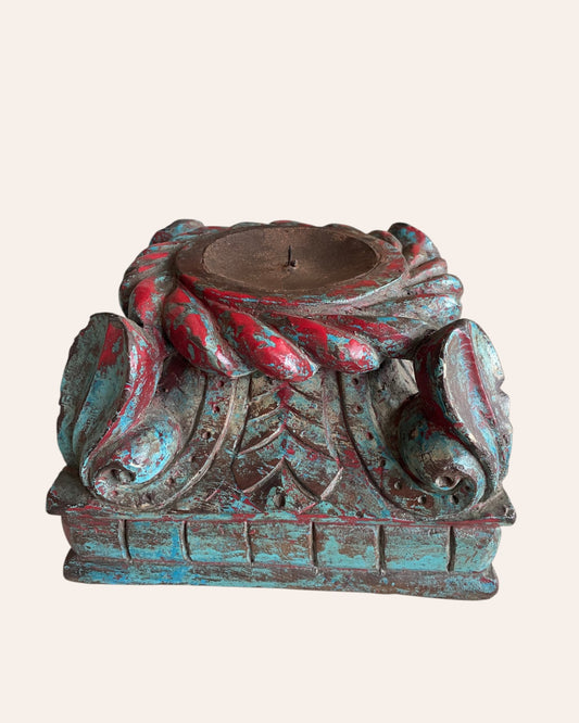 Vintage Distressed Carved Wooden Pillar Base Candle Holders - Set of 2 / Distressed Turquoise Blue & Red Patina Finish