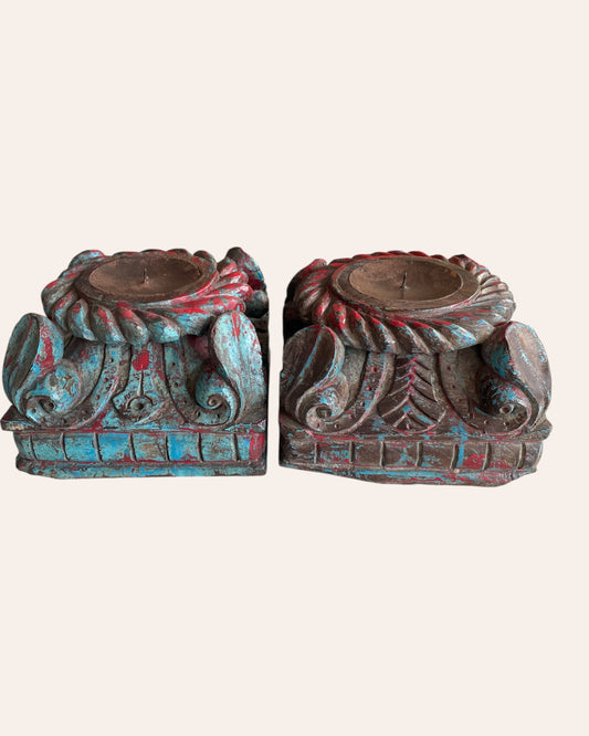 Vintage Distressed Carved Wooden Pillar Base Candle Holders - Set of 2 / Distressed Turquoise Blue & Red Patina Finish