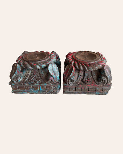Vintage Distressed Carved Wooden Pillar Base Candle Holders - Set of 2 / Distressed Turquoise Blue & Red Patina Finish