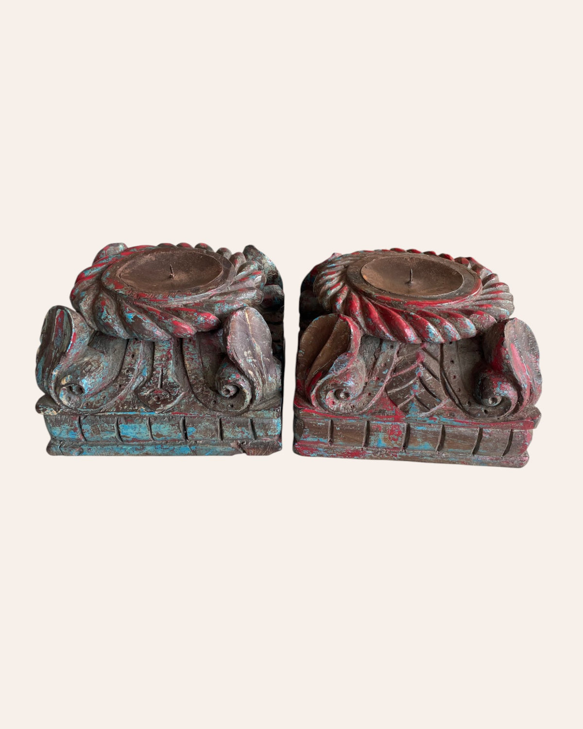 vintage distressed carved wooden pillar base candle holders - set of 2 / distressed turquoise blue & red patina finish