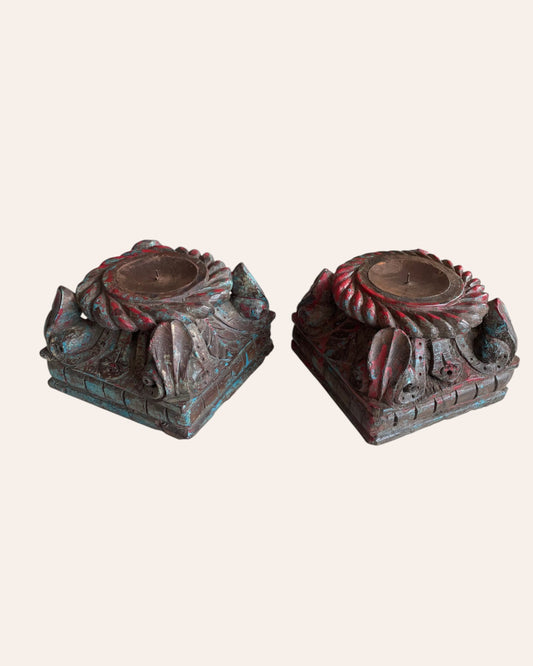 Vintage Distressed Carved Wooden Pillar Base Candle Holders - Set of 2 / Distressed Turquoise Blue & Red Patina Finish