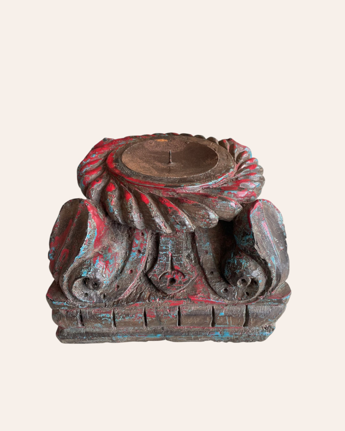 vintage distressed carved wooden pillar base candle holders - set of 2 / distressed turquoise blue & red patina finish