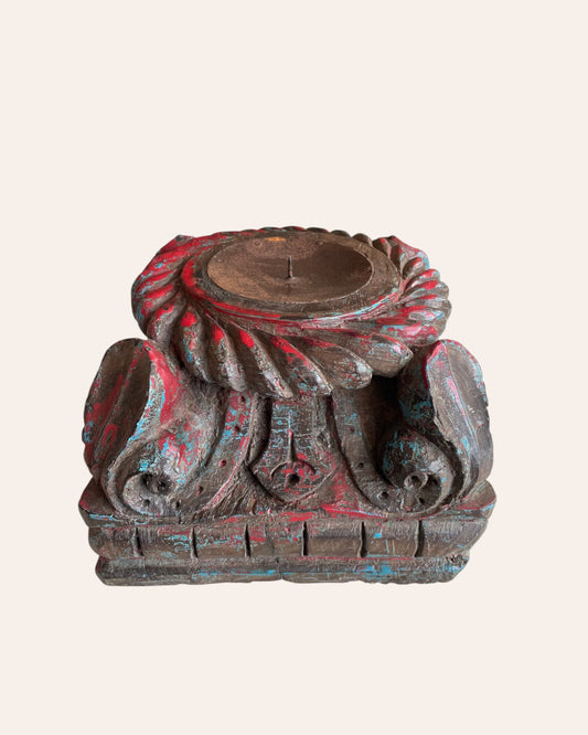 Vintage Distressed Carved Wooden Pillar Base Candle Holders - Set of 2 / Distressed Turquoise Blue & Red Patina Finish