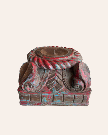 Vintage Distressed Carved Wooden Pillar Base Candle Holders - Set of 2 / Distressed Turquoise Blue & Red Patina Finish