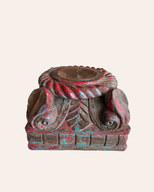 Vintage Distressed Carved Wooden Pillar Base Candle Holders - Set of 2 / Distressed Turquoise Blue & Red Patina Finish