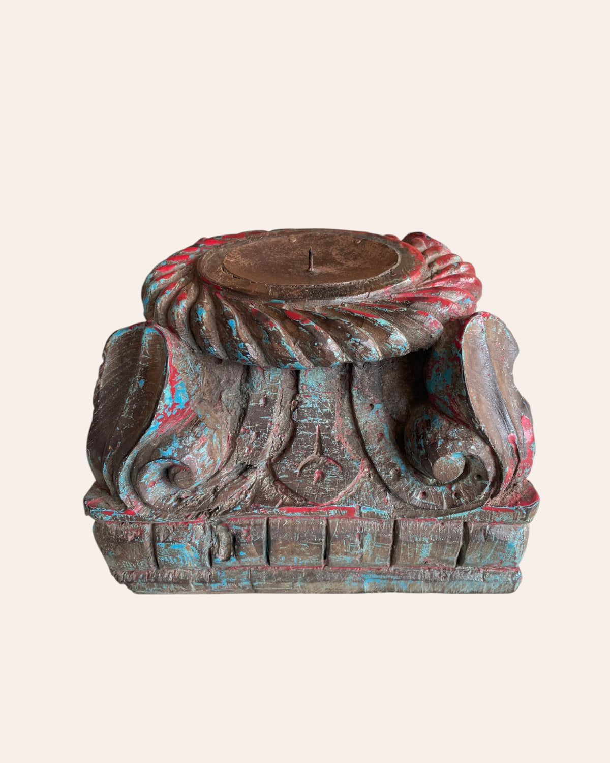 vintage distressed carved wooden pillar base candle holders - set of 2 / distressed turquoise blue & red patina finish