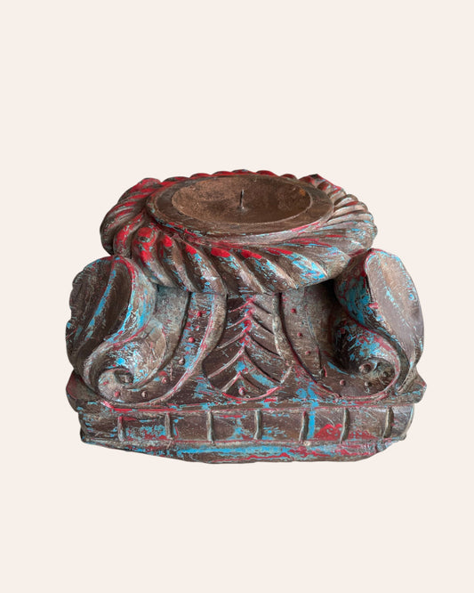 Vintage Distressed Carved Wooden Pillar Base Candle Holders - Set of 2 / Distressed Turquoise Blue & Red Patina Finish