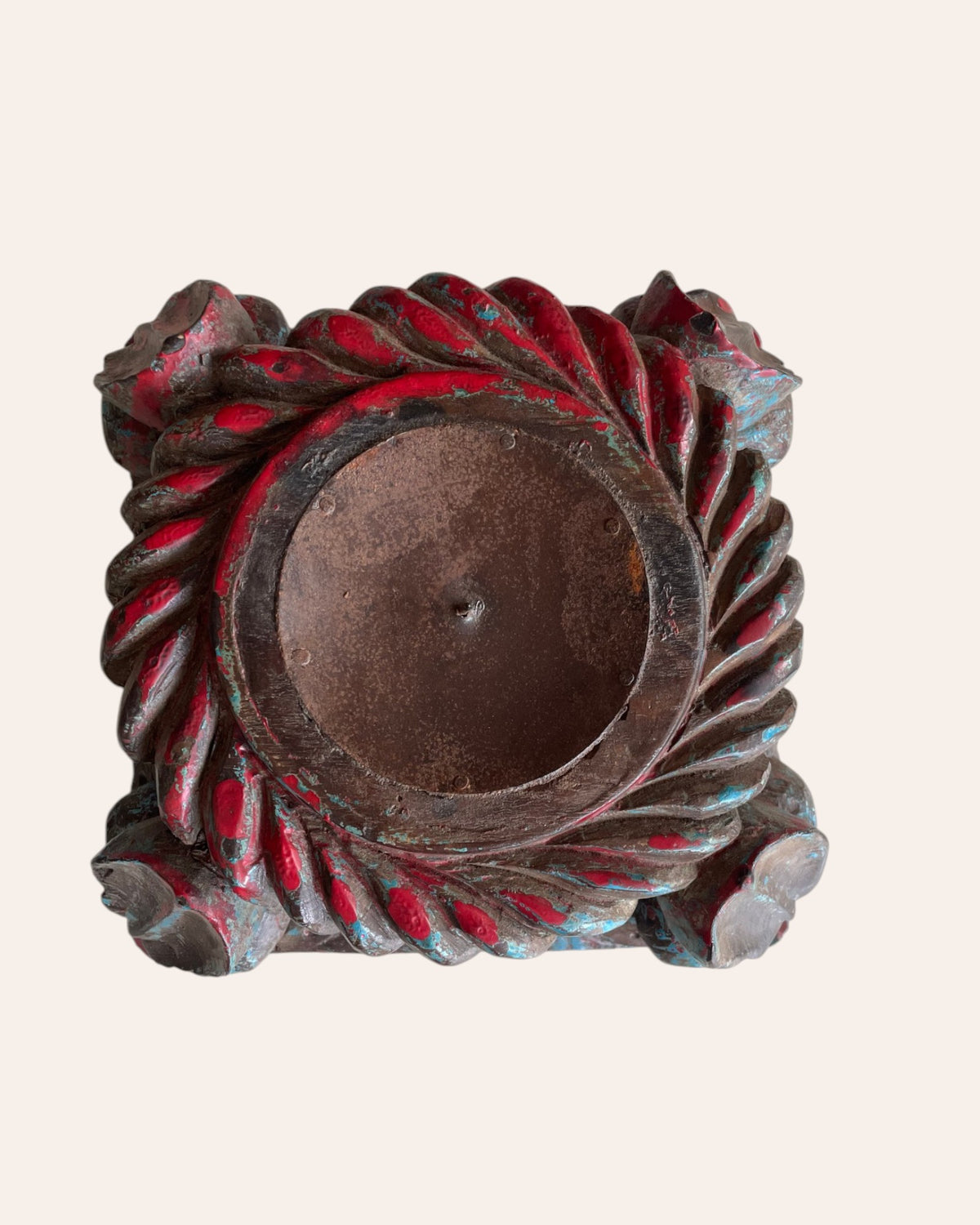 vintage distressed carved wooden pillar base candle holders - set of 2 / distressed turquoise blue & red patina finish