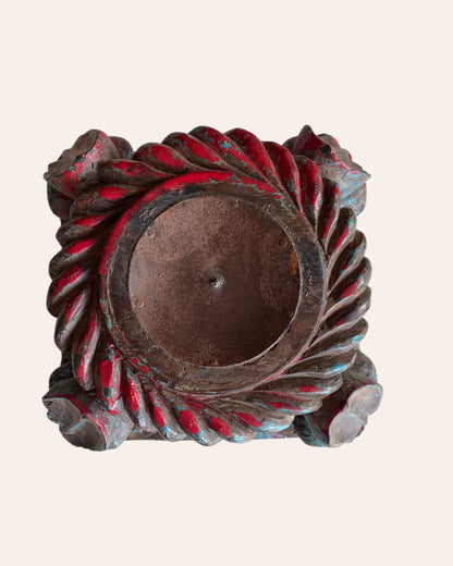 Vintage Distressed Carved Wooden Pillar Base Candle Holders - Set of 2 / Distressed Turquoise Blue & Red Patina Finish