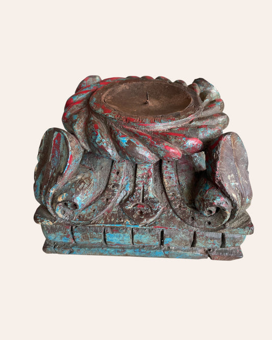 Vintage Distressed Carved Wooden Pillar Base Candle Holders - Set of 2 / Distressed Turquoise Blue & Red Patina Finish