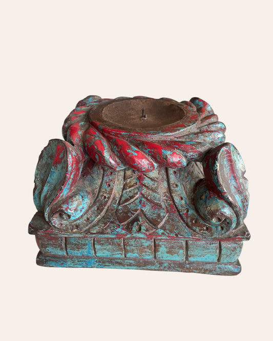 Vintage Distressed Carved Wooden Pillar Base Candle Holders - Set of 2 / Distressed Turquoise Blue & Red Patina Finish