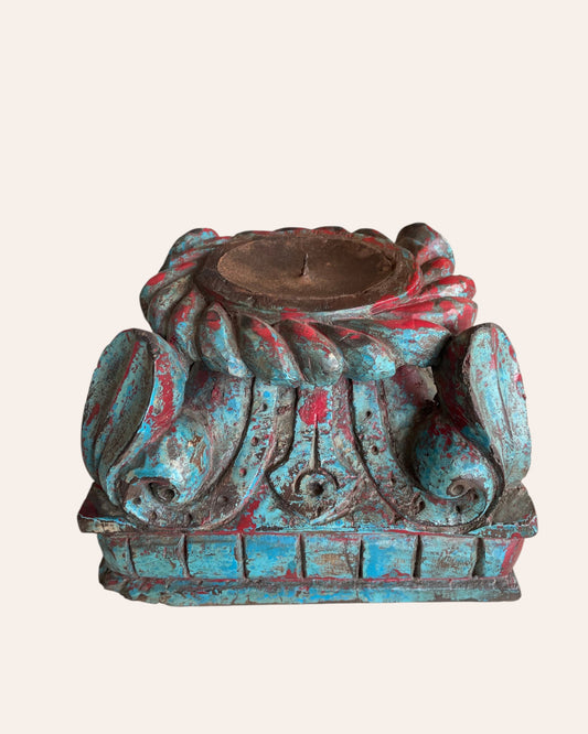 Vintage Distressed Carved Wooden Pillar Base Candle Holders - Set of 2 / Distressed Turquoise Blue & Red Patina Finish