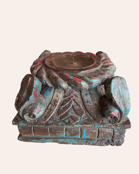 Vintage Distressed Carved Wooden Pillar Base Candle Holders - Set of 2 / Distressed Turquoise Blue & Red Patina Finish