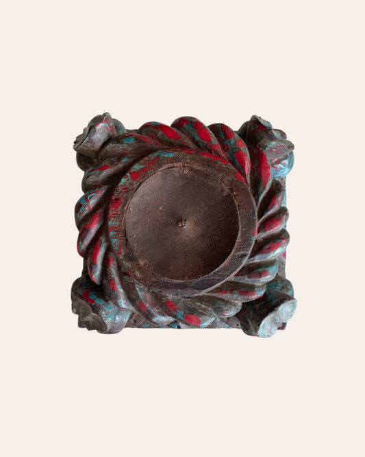 Vintage Distressed Carved Wooden Pillar Base Candle Holders - Set of 2 / Distressed Turquoise Blue & Red Patina Finish