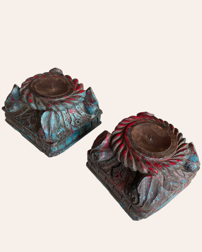 Vintage Distressed Carved Wooden Pillar Base Candle Holders - Set of 2 / Distressed Turquoise Blue & Red Patina Finish
