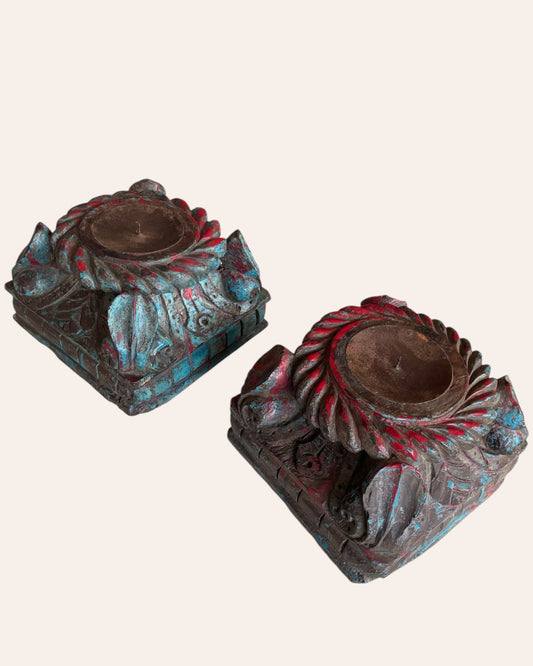 Vintage Distressed Carved Wooden Pillar Base Candle Holders - Set of 2 / Distressed Turquoise Blue & Red Patina Finish