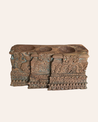 Vintage Distressed Carved Triple Candle, Diya Holder / Planter