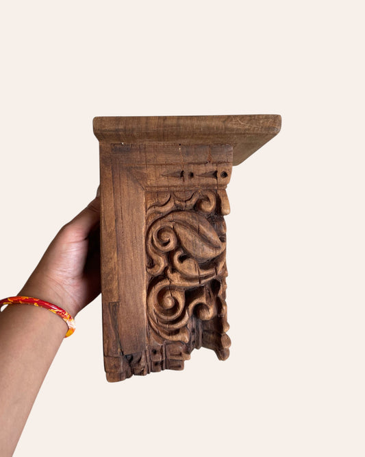 Vintage Hand-Carved Floral Wooden Wall Shelf / Bracket