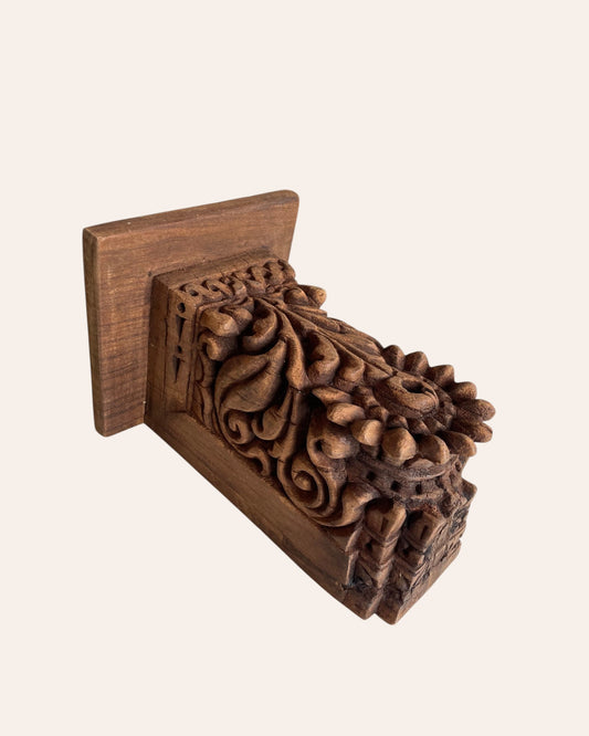 Vintage Hand-Carved Floral Wooden Wall Shelf / Bracket