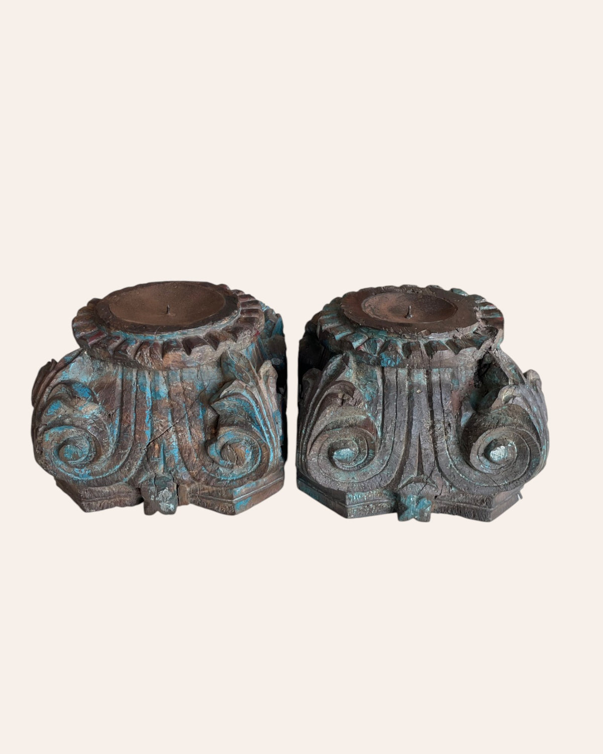 vintage distressed hand-carved wooden pillar base candle holders / planters - set of 2