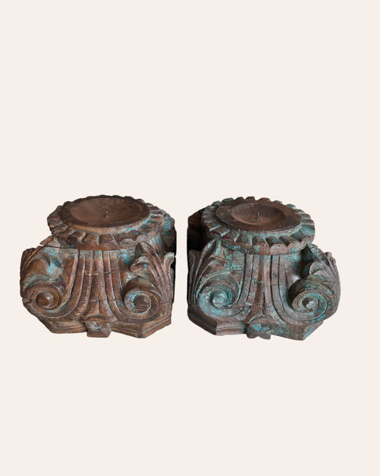 Vintage Distressed Hand-Carved Wooden Pillar Base Candle Holders / Planters - Set of 2