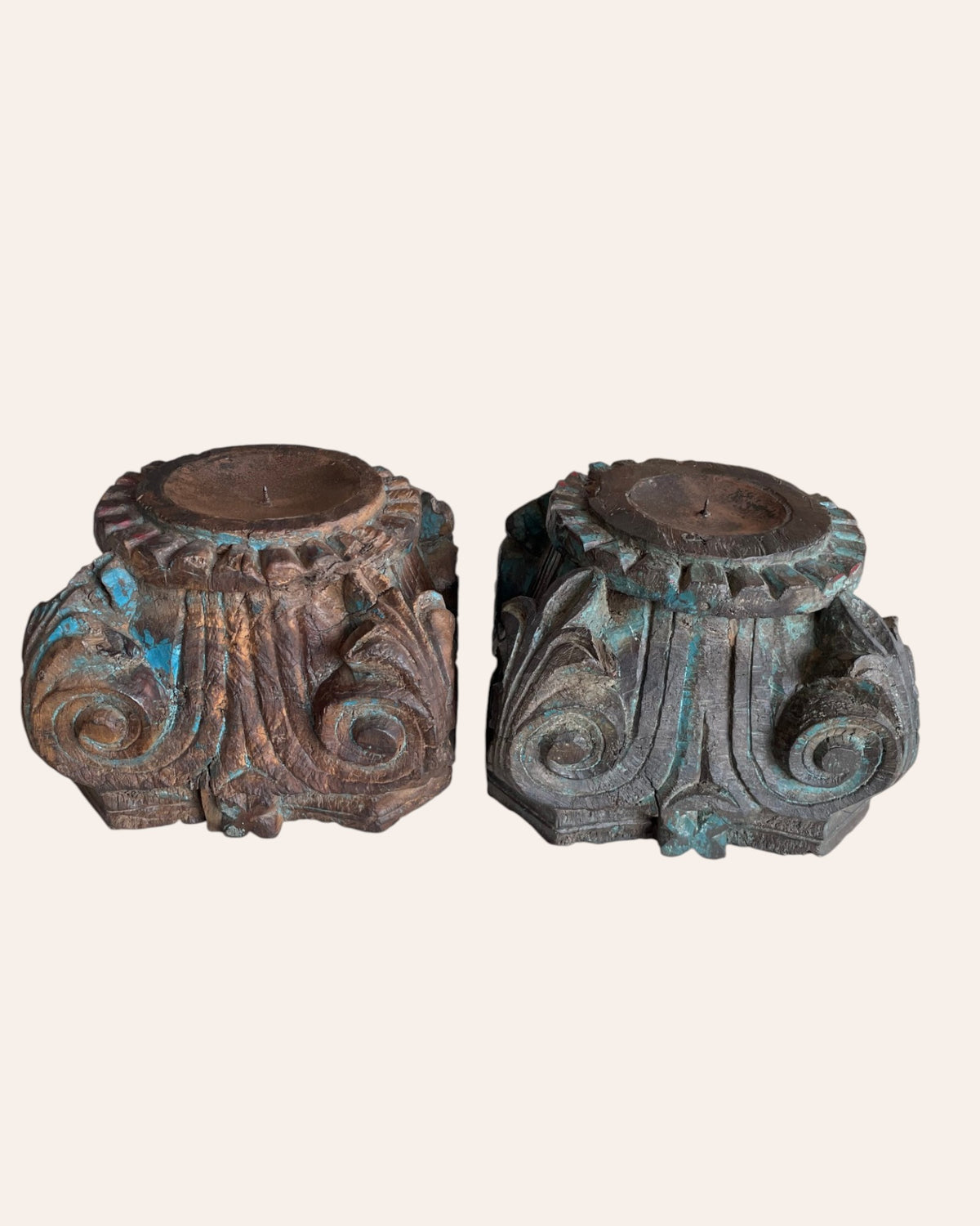 vintage distressed hand-carved wooden pillar base candle holders / planters - set of 2