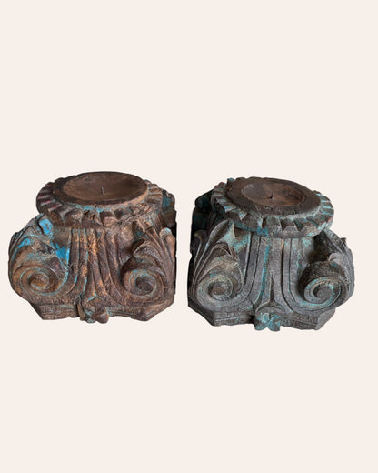 Vintage Distressed Hand-Carved Wooden Pillar Base Candle Holders / Planters - Set of 2