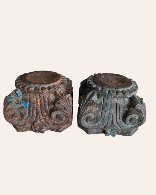 Vintage Distressed Hand-Carved Wooden Pillar Base Candle Holders / Planters - Set of 2