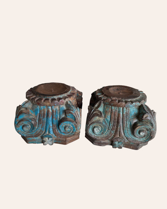 Vintage Distressed Hand-Carved Wooden Pillar Base Candle Holders / Planters - Set of 2