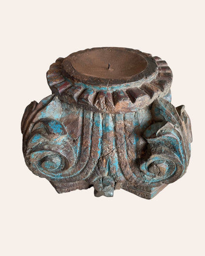 Vintage Distressed Hand-Carved Wooden Pillar Base Candle Holders / Planters - Set of 2