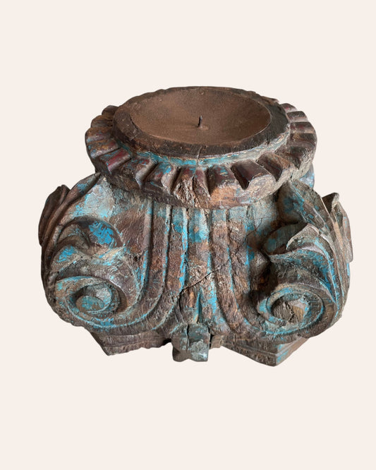 Vintage Distressed Hand-Carved Wooden Pillar Base Candle Holders / Planters - Set of 2