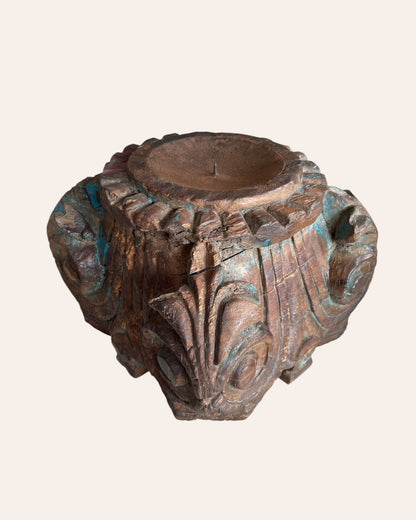 Vintage Distressed Hand-Carved Wooden Pillar Base Candle Holders / Planters - Set of 2
