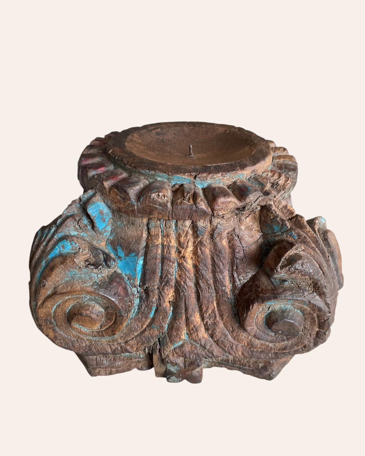 vintage distressed hand-carved wooden pillar base candle holders / planters - set of 2