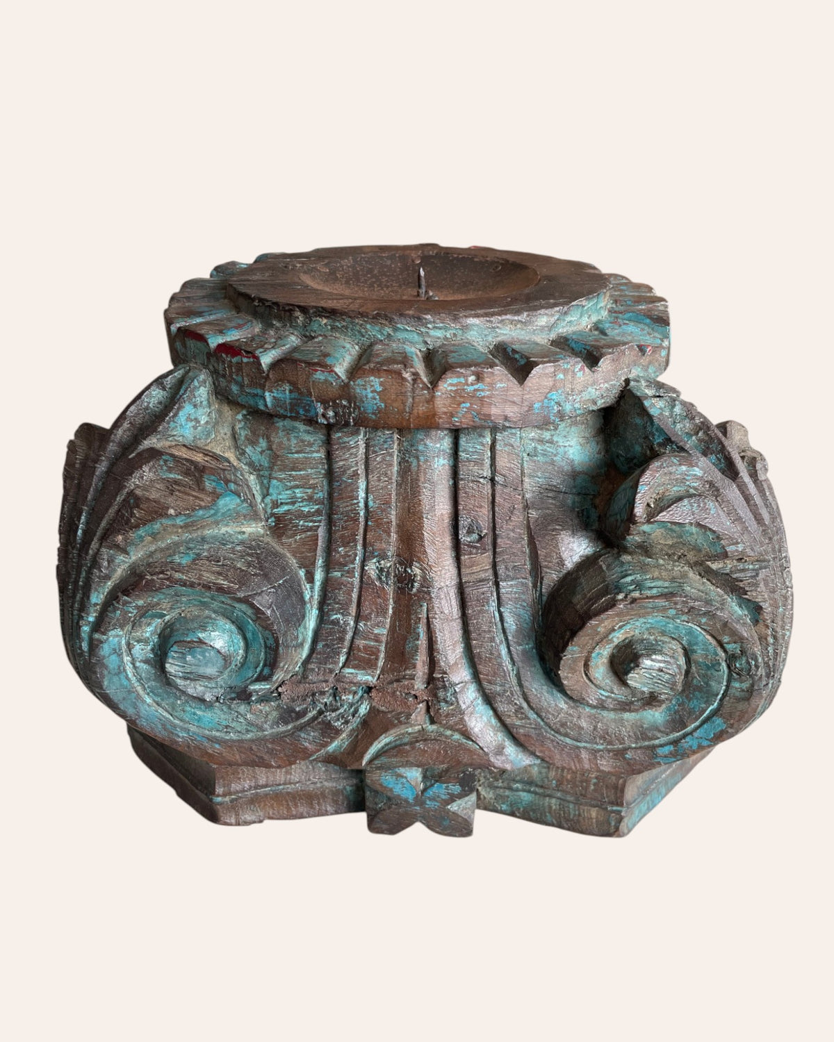 vintage distressed hand-carved wooden pillar base candle holders / planters - set of 2