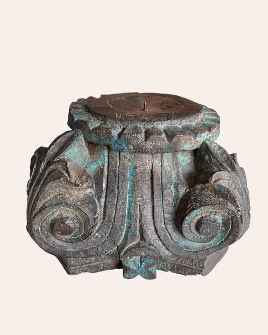 Vintage Distressed Hand-Carved Wooden Pillar Base Candle Holders / Planters - Set of 2