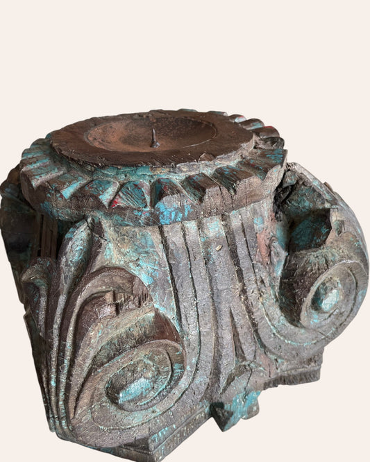 Vintage Distressed Hand-Carved Wooden Pillar Base Candle Holders / Planters - Set of 2