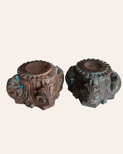 Vintage Distressed Hand-Carved Wooden Pillar Base Candle Holders / Planters - Set of 2