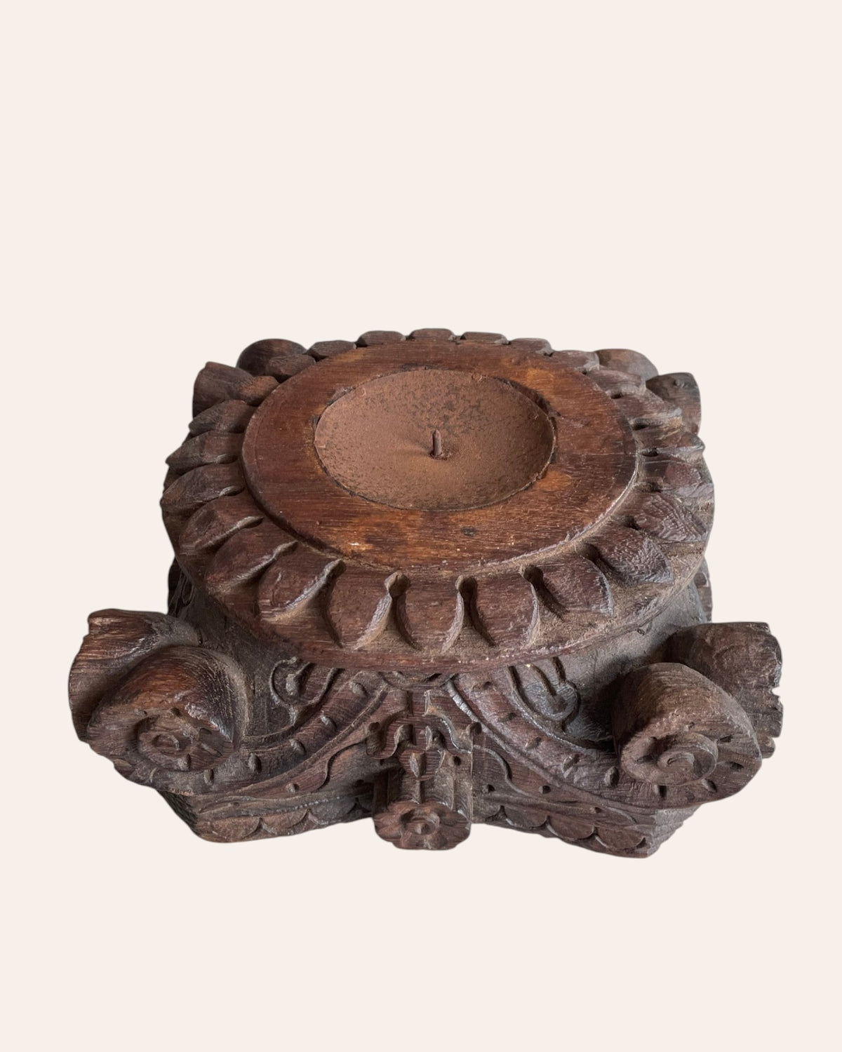 vintage gujarat hand-carved wooden pillar base candle holder / planter