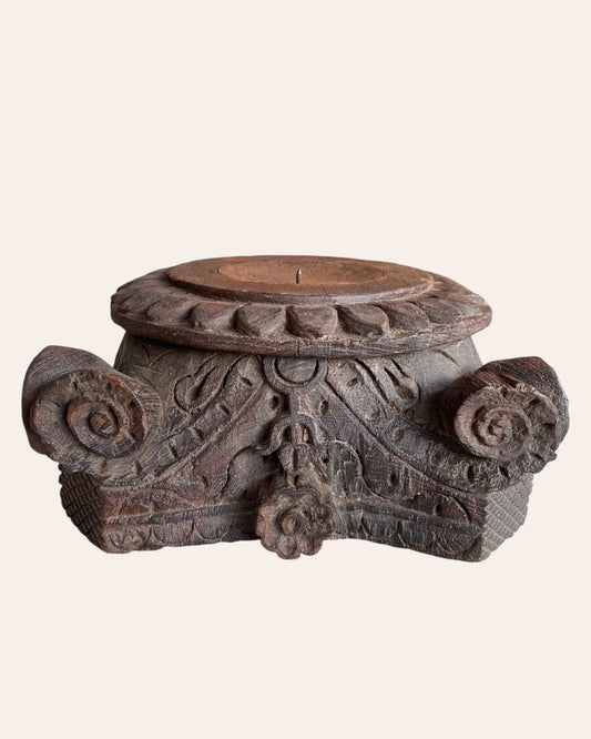 Vintage Gujarat Hand-Carved Wooden Pillar Base Candle Holder / Planter
