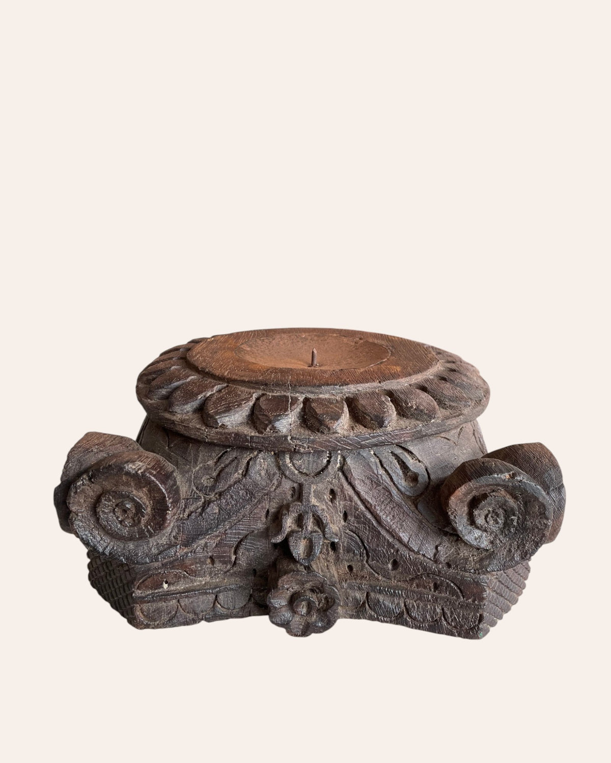 vintage gujarat hand-carved wooden pillar base candle holder / planter