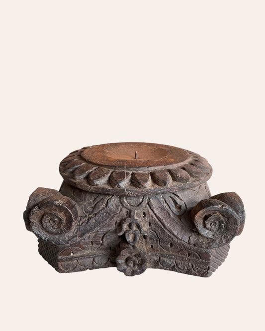 Vintage Gujarat Hand-Carved Wooden Pillar Base Candle Holder / Planter