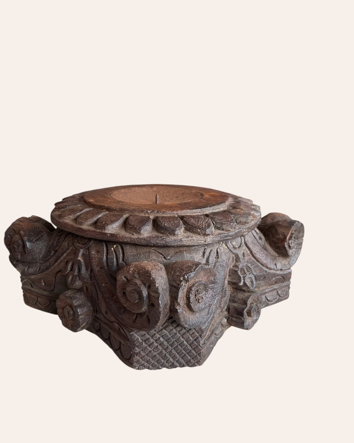 vintage gujarat hand-carved wooden pillar base candle holder / planter