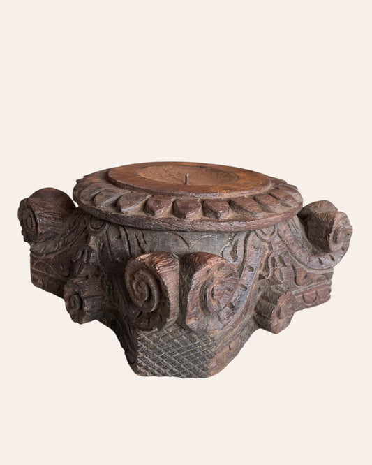 Vintage Gujarat Hand-Carved Wooden Pillar Base Candle Holder / Planter
