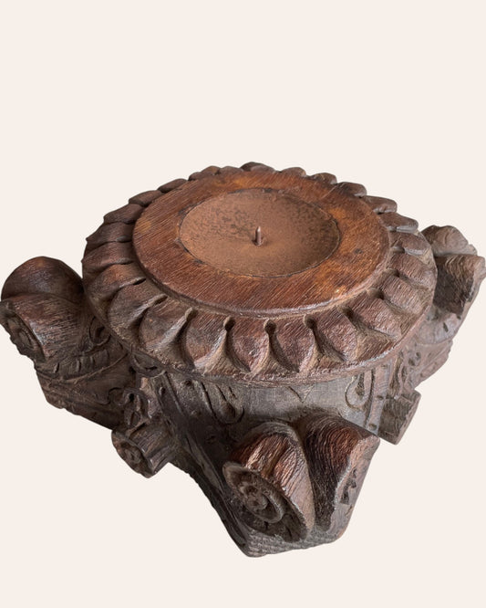 Vintage Gujarat Hand-Carved Wooden Pillar Base Candle Holder / Planter