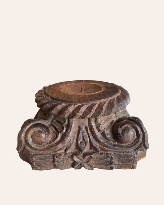 Vintage Gujarat Hand-Carved Scrollwork Wooden Pillar Base Candle Holder