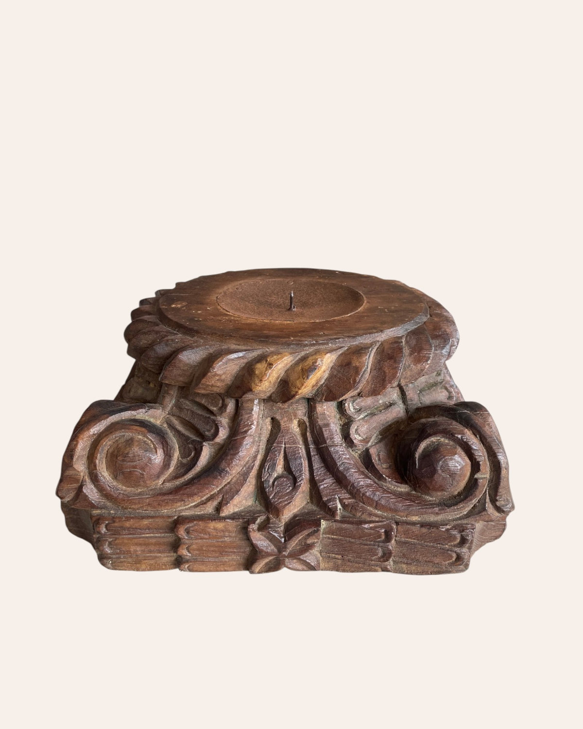 vintage gujarat hand-carved scrollwork wooden pillar base candle holder