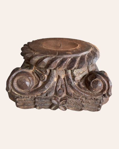 Vintage Gujarat Hand-Carved Scrollwork Wooden Pillar Base Candle Holder