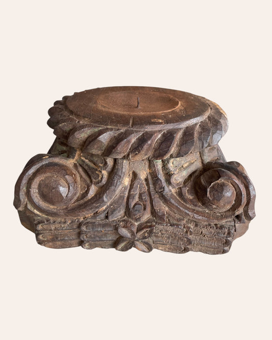 Vintage Gujarat Hand-Carved Scrollwork Wooden Pillar Base Candle Holder