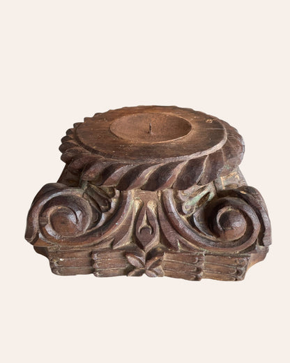 Vintage Gujarat Hand-Carved Scrollwork Wooden Pillar Base Candle Holder